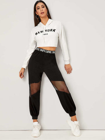 Letter Graphic Waist Fishnet Panel Pants