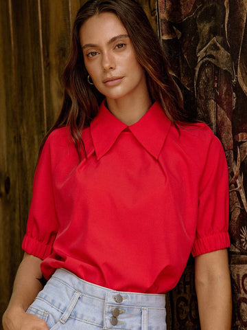 LilyWest Elegant Women's Solid Color Lapel Short Sleeve Business Shirt