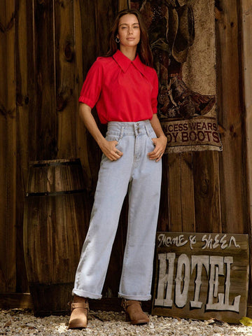 LilyWest Elegant Women's Solid Color Lapel Short Sleeve Business Shirt