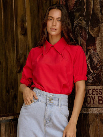 LilyWest Elegant Women's Solid Color Lapel Short Sleeve Business Shirt