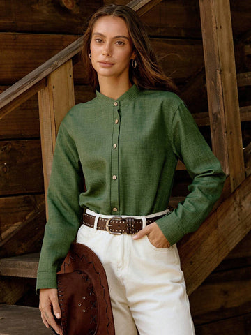 LilyWest Solid Color Stand Collar Long Sleeve Casual Shirt, Autumn