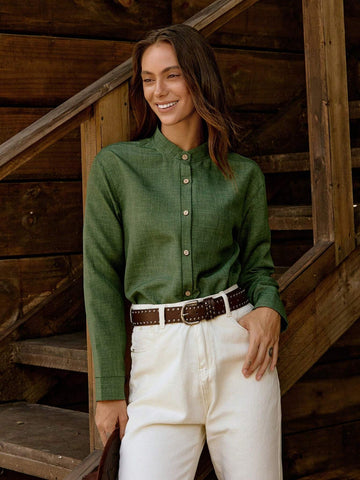 LilyWest Solid Color Stand Collar Long Sleeve Casual Shirt, Autumn