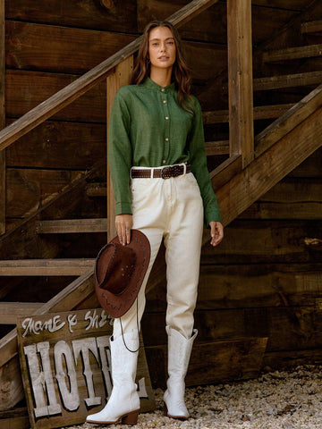 LilyWest Solid Color Stand Collar Long Sleeve Casual Shirt, Autumn