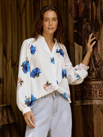 LilyWest Women's Floral Print V-Neck Long Sleeve Blouse, Irregular Pattern