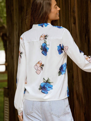 LilyWest Women's Floral Print V-Neck Long Sleeve Blouse, Irregular Pattern