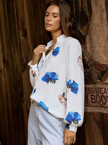 LilyWest Women's Floral Print V-Neck Long Sleeve Blouse, Irregular Pattern