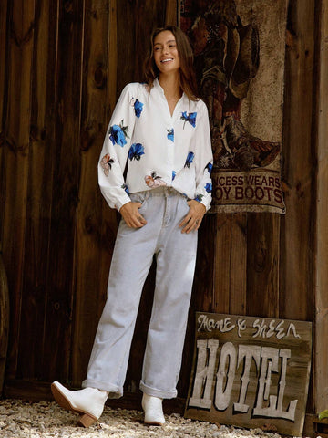 LilyWest Women's Floral Print V-Neck Long Sleeve Blouse, Irregular Pattern