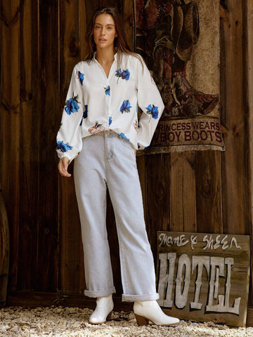 LilyWest Women's Floral Print V-Neck Long Sleeve Blouse, Irregular Pattern