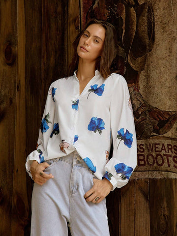 LilyWest Women's Floral Print V-Neck Long Sleeve Blouse, Irregular Pattern