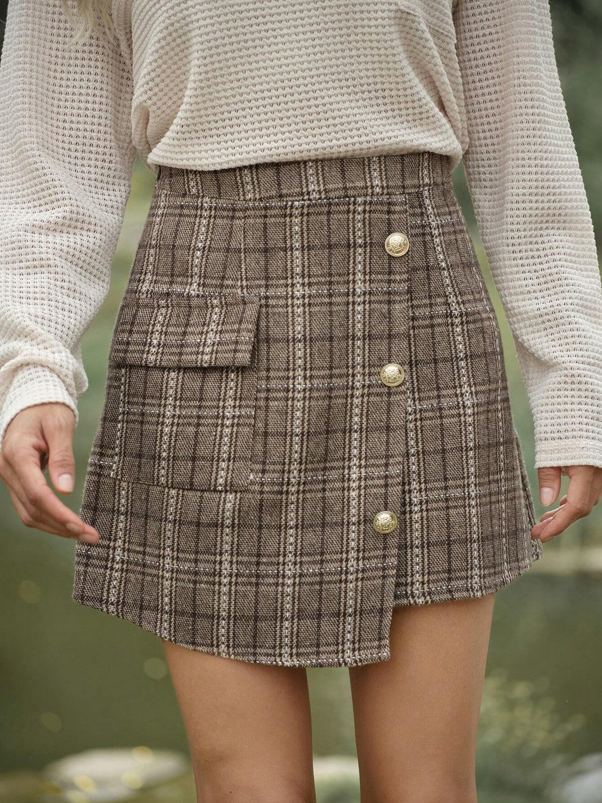 LilyWest Women's Khaki Plaid Asymmetric A-Line Mini Skirt