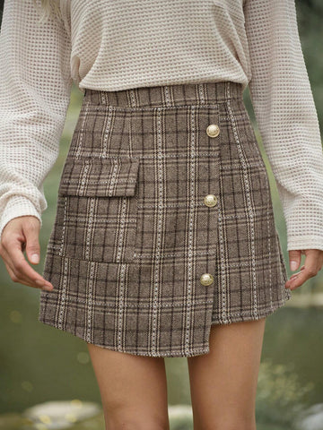 LilyWest Women's Khaki Plaid Asymmetric A-Line Mini Skirt