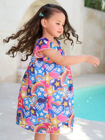 Little Girls' Beach Vacation Rainbow Star Heart Geometric Printed Chiffon Dress