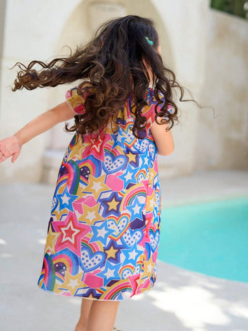 Little Girls' Beach Vacation Rainbow Star Heart Geometric Printed Chiffon Dress