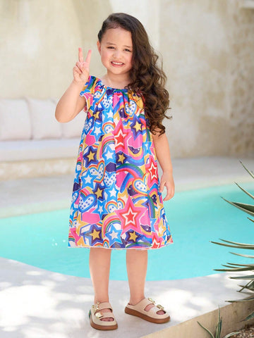 Little Girls' Beach Vacation Rainbow Star Heart Geometric Printed Chiffon Dress