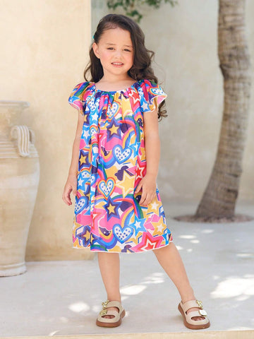 Little Girls' Beach Vacation Rainbow Star Heart Geometric Printed Chiffon Dress