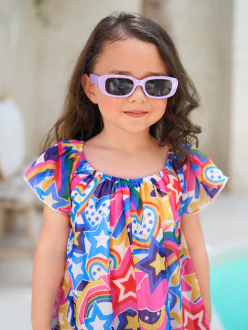 Little Girls' Beach Vacation Rainbow Star Heart Geometric Printed Chiffon Dress