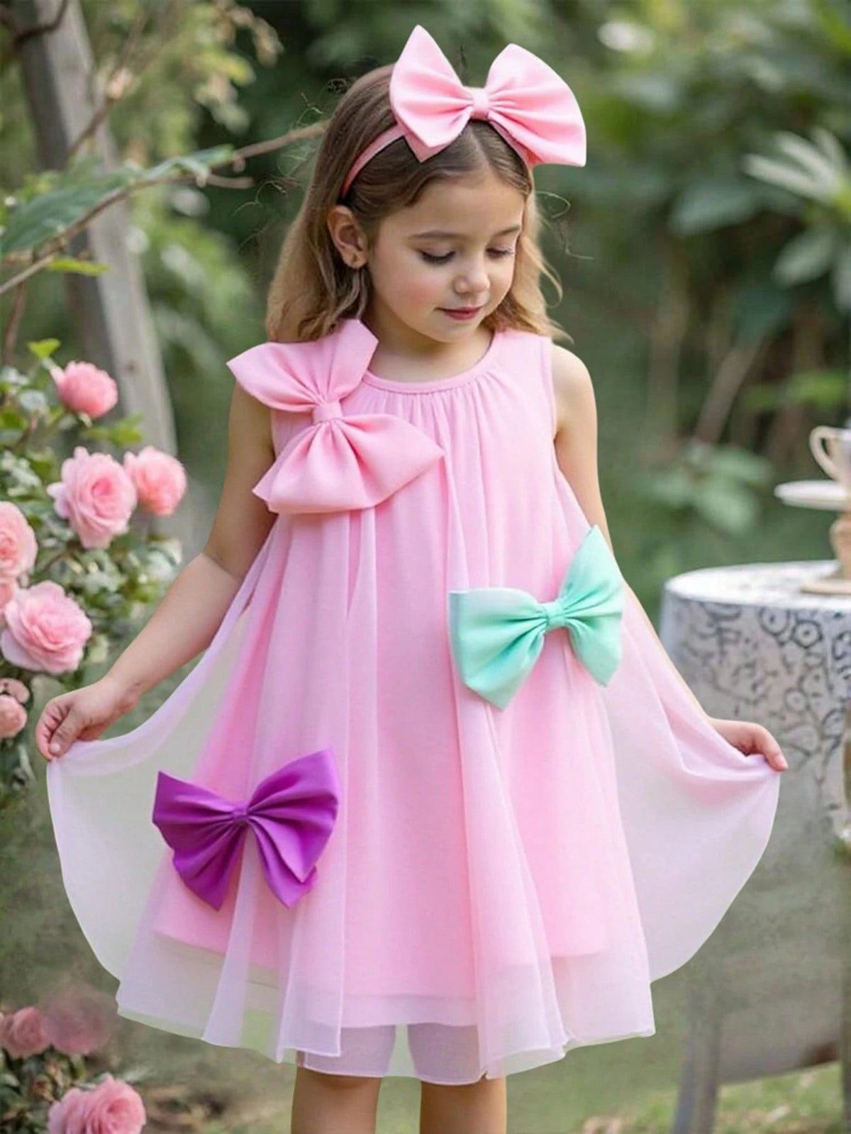 Little Girls Candy Color Mesh Bow Decor Princess Dress, Sweet And Cute Summer Outfit