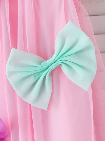 Little Girls Candy Color Mesh Bow Decor Princess Dress, Sweet And Cute Summer Outfit