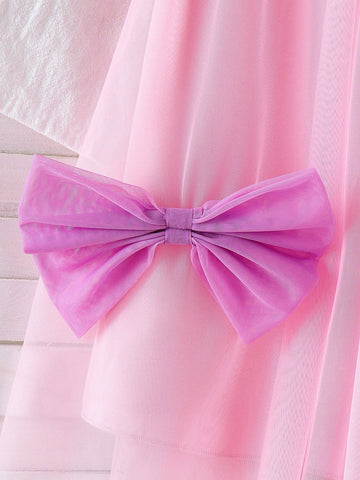 Little Girls Candy Color Mesh Bow Decor Princess Dress, Sweet And Cute Summer Outfit