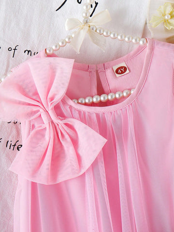 Little Girls Candy Color Mesh Bow Decor Princess Dress, Sweet And Cute Summer Outfit