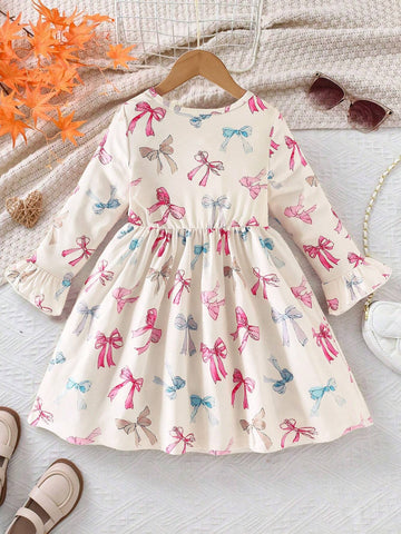 Little Girls Casual Everyday Crew Neck Drop Shoulder Long Sleeve Gathered Waist A-Line Cartoon Print Dress, For Spring/Autumn