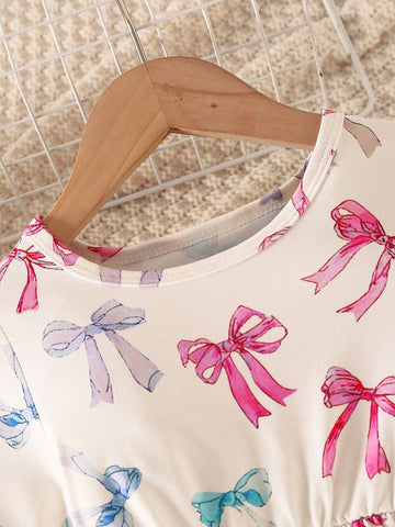 Little Girls Casual Everyday Crew Neck Drop Shoulder Long Sleeve Gathered Waist A-Line Cartoon Print Dress, For Spring/Autumn