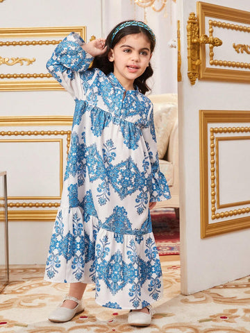 Little Girls' Casual Loose Fit Geometric Pattern Notch V-Neck Long Sleeve Dress
