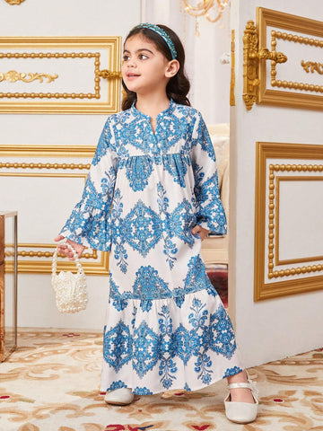 Little Girls' Casual Loose Fit Geometric Pattern Notch V-Neck Long Sleeve Dress