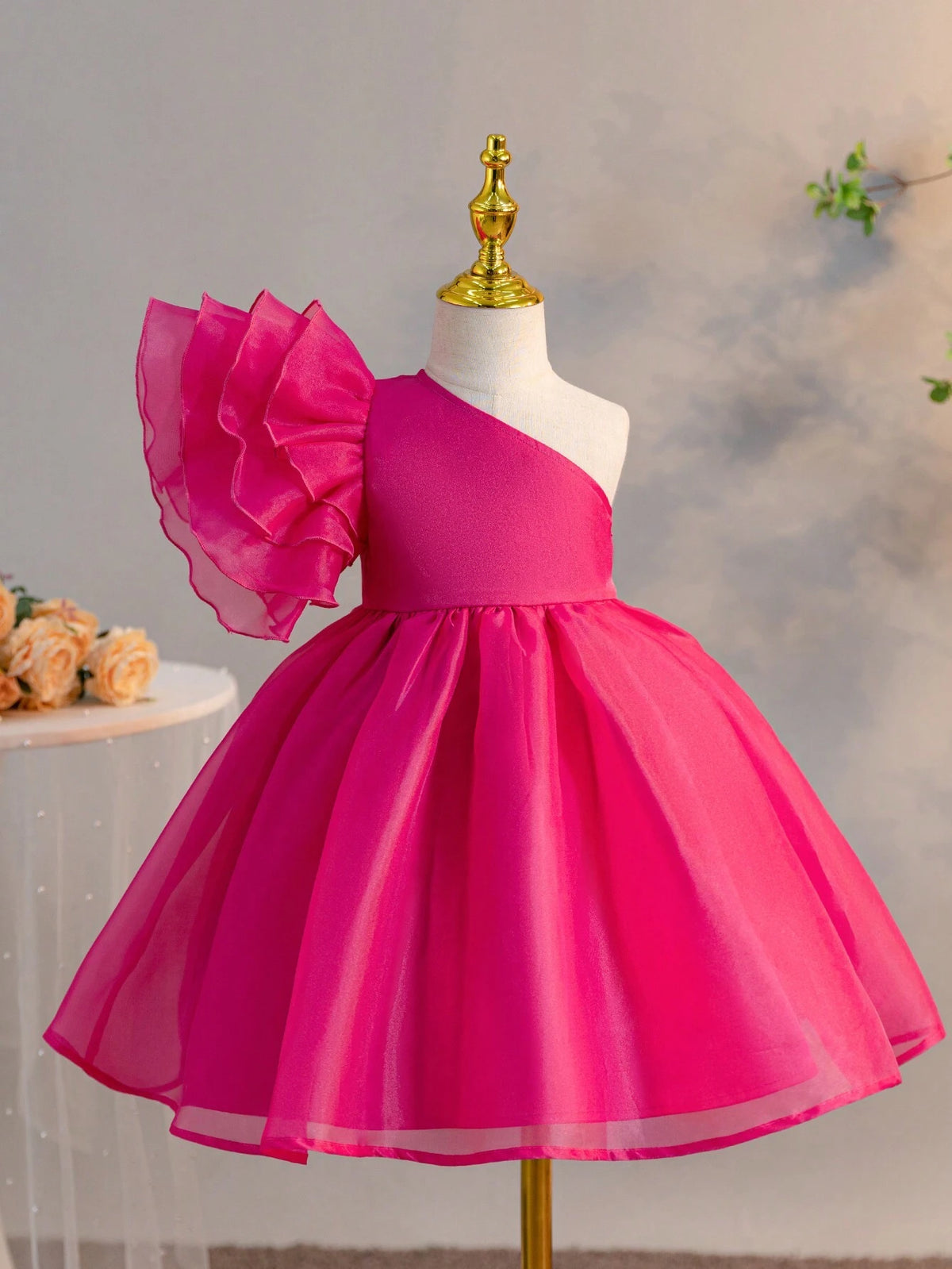 Little Girls' Casual One Shoulder Layered Ruffle Sleeve Tulle Dress With Flared Hem