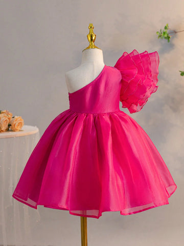 Little Girls' Casual One Shoulder Layered Ruffle Sleeve Tulle Dress With Flared Hem