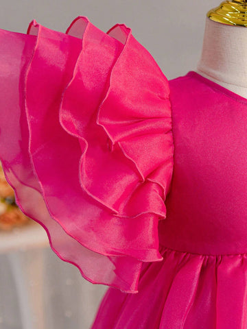 Little Girls' Casual One Shoulder Layered Ruffle Sleeve Tulle Dress With Flared Hem