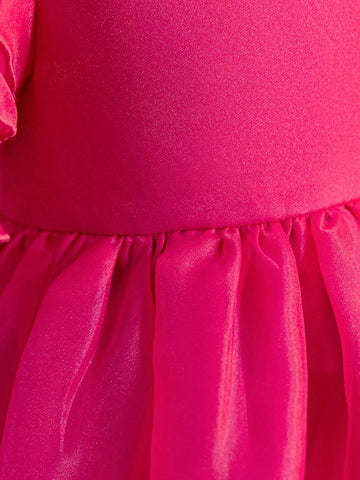 Little Girls' Casual One Shoulder Layered Ruffle Sleeve Tulle Dress With Flared Hem