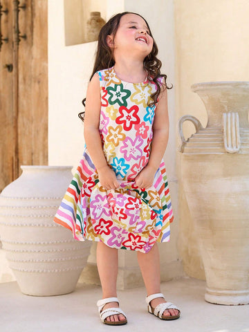 Little Girls' Colorful Floral Striped Lace Dress, Perfect For Vacation