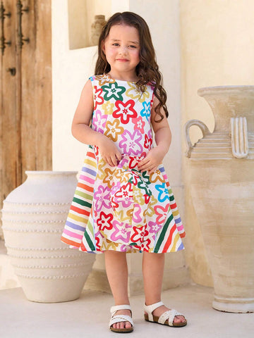 Little Girls' Colorful Floral Striped Lace Dress, Perfect For Vacation