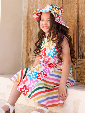 Little Girls' Colorful Floral Striped Lace Dress, Perfect For Vacation
