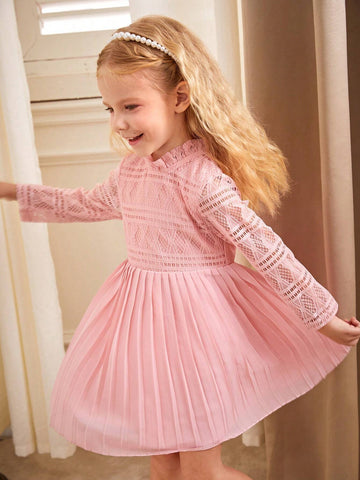 Little Girls' Commuter And Casual Half Sleeve Apricot Lace Mesh Splice Hem Dress With Pleated Chiffon Bottom