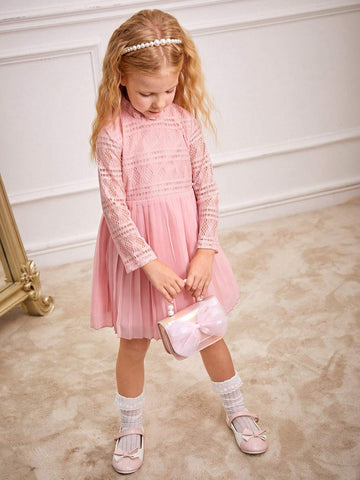 Little Girls' Commuter And Casual Half Sleeve Apricot Lace Mesh Splice Hem Dress With Pleated Chiffon Bottom