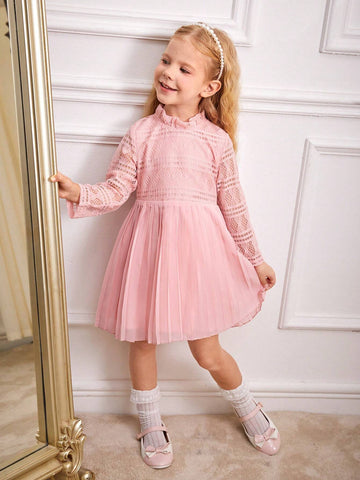 Little Girls' Commuter And Casual Half Sleeve Apricot Lace Mesh Splice Hem Dress With Pleated Chiffon Bottom