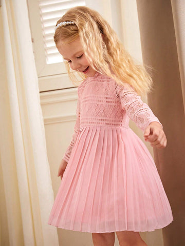 Little Girls' Commuter And Casual Half Sleeve Apricot Lace Mesh Splice Hem Dress With Pleated Chiffon Bottom