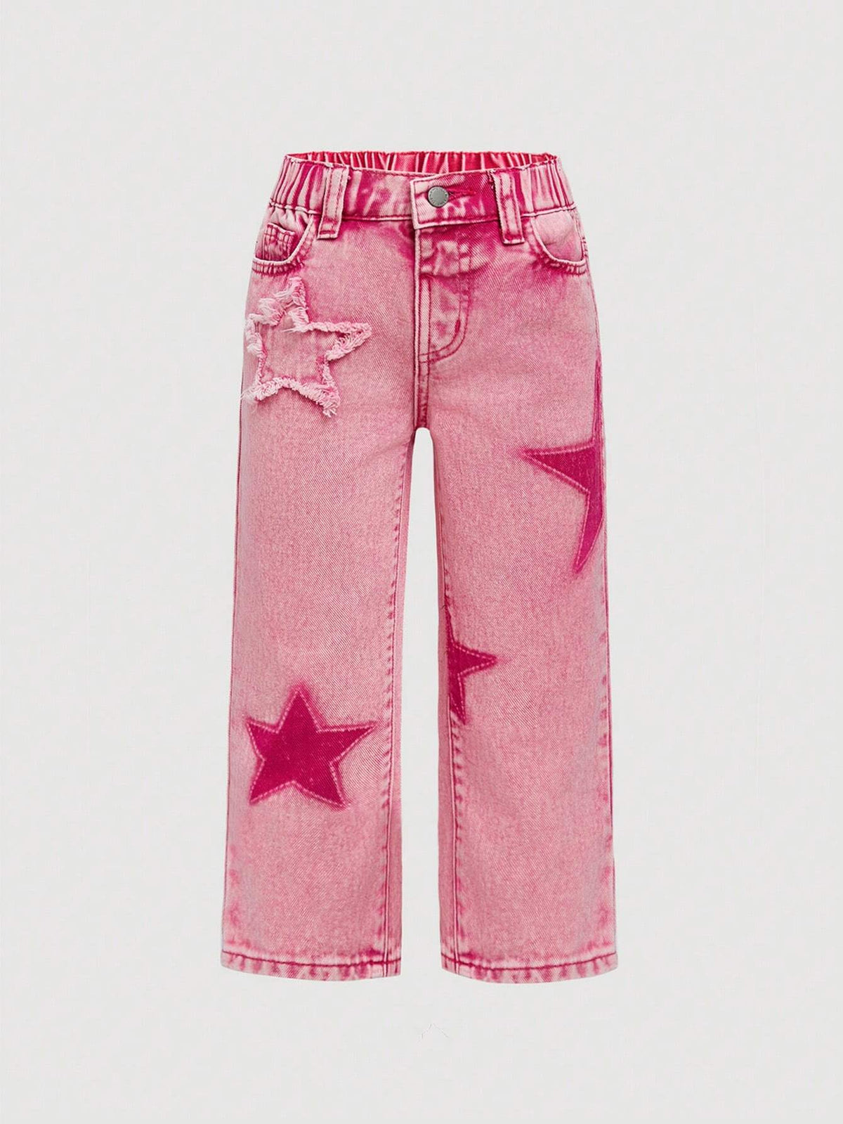 Little Girls' Cotton Denim Jeans, Star Printed, Outdoor Leisure Fashion, Water Washed
