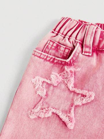 Little Girls' Cotton Denim Jeans, Star Printed, Outdoor Leisure Fashion, Water Washed