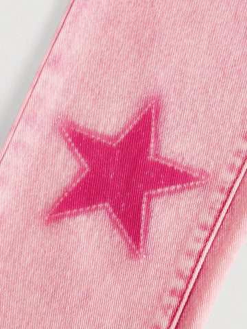Little Girls' Cotton Denim Jeans, Star Printed, Outdoor Leisure Fashion, Water Washed