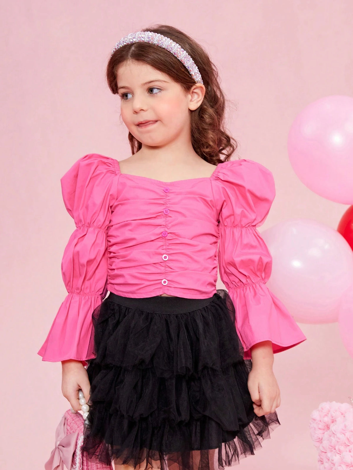 Little Girls' Elegant & Casual Fitted Puff Sleeve Woven Shirt With Chicken Neck Collar And Floral Print