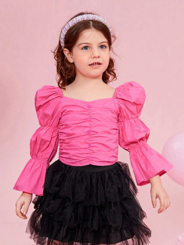 Little Girls' Elegant & Casual Fitted Puff Sleeve Woven Shirt With Chicken Neck Collar And Floral Print