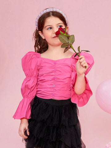 Little Girls' Elegant & Casual Fitted Puff Sleeve Woven Shirt With Chicken Neck Collar And Floral Print