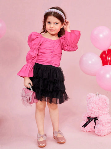 Little Girls' Elegant & Casual Fitted Puff Sleeve Woven Shirt With Chicken Neck Collar And Floral Print