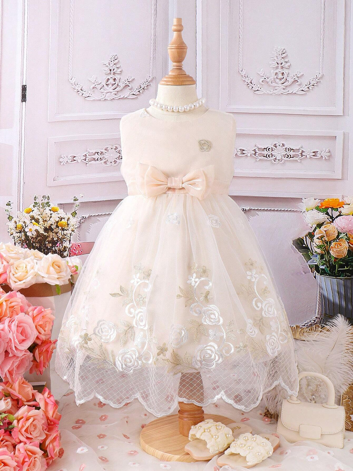 Little Girls' Elegant & Romantic Gold Embroidered Mesh Princess Dress