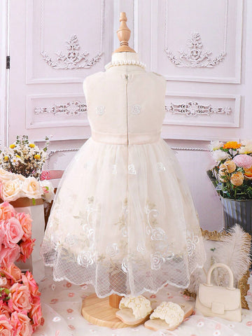 Little Girls' Elegant & Romantic Gold Embroidered Mesh Princess Dress