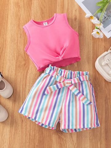 Little Girls" Fashionable Casual Solid Color Vest With Butterfly Knot Top & Striped Belted Shorts Outfit For Summer