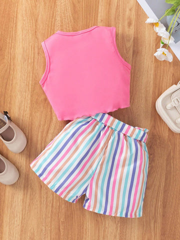 Little Girls" Fashionable Casual Solid Color Vest With Butterfly Knot Top & Striped Belted Shorts Outfit For Summer